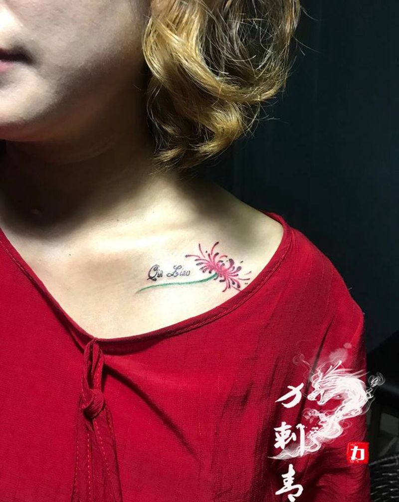 彼岸花纹身图片_胸部水彩新传统纹身图案