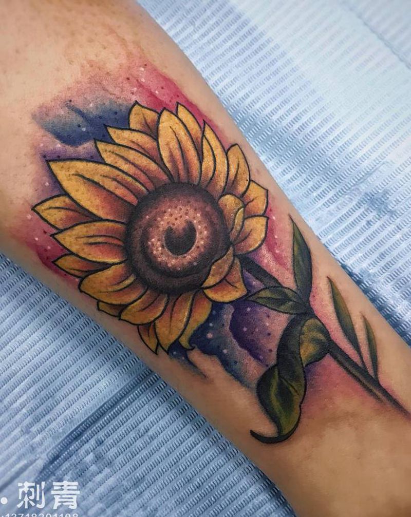 向日葵纹身图片_腿部遮盖纹身图案