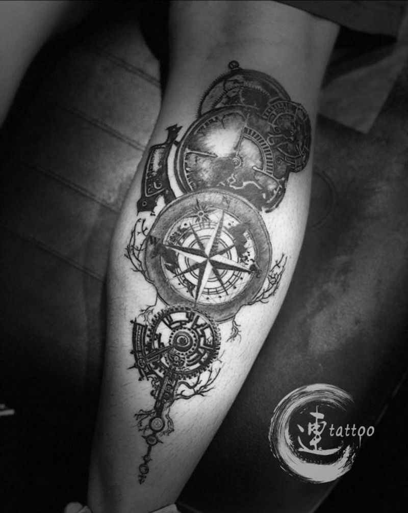 命运的齿轮纹身图片_腿部欧美写实纹身图案