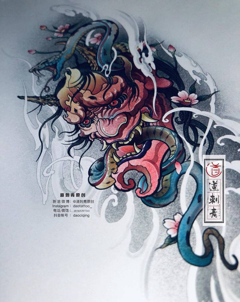 般若蛇纹身图片_手臂腿部新传统般若蛇纹身图案