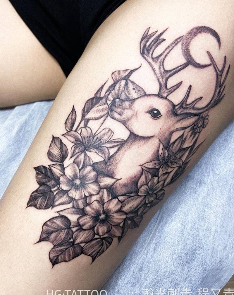 花与鹿纹身图片_腿部点刺鹿头素花小清新纹身图案