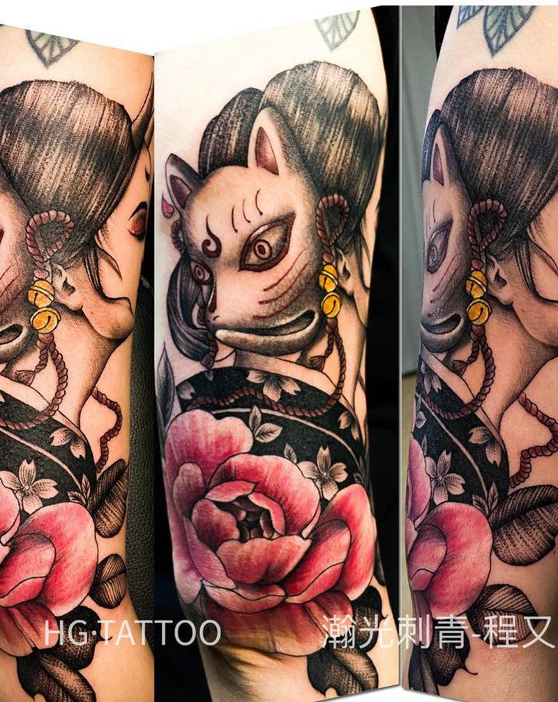 艺伎纹身图片_手臂New School水彩艺伎纹身图案