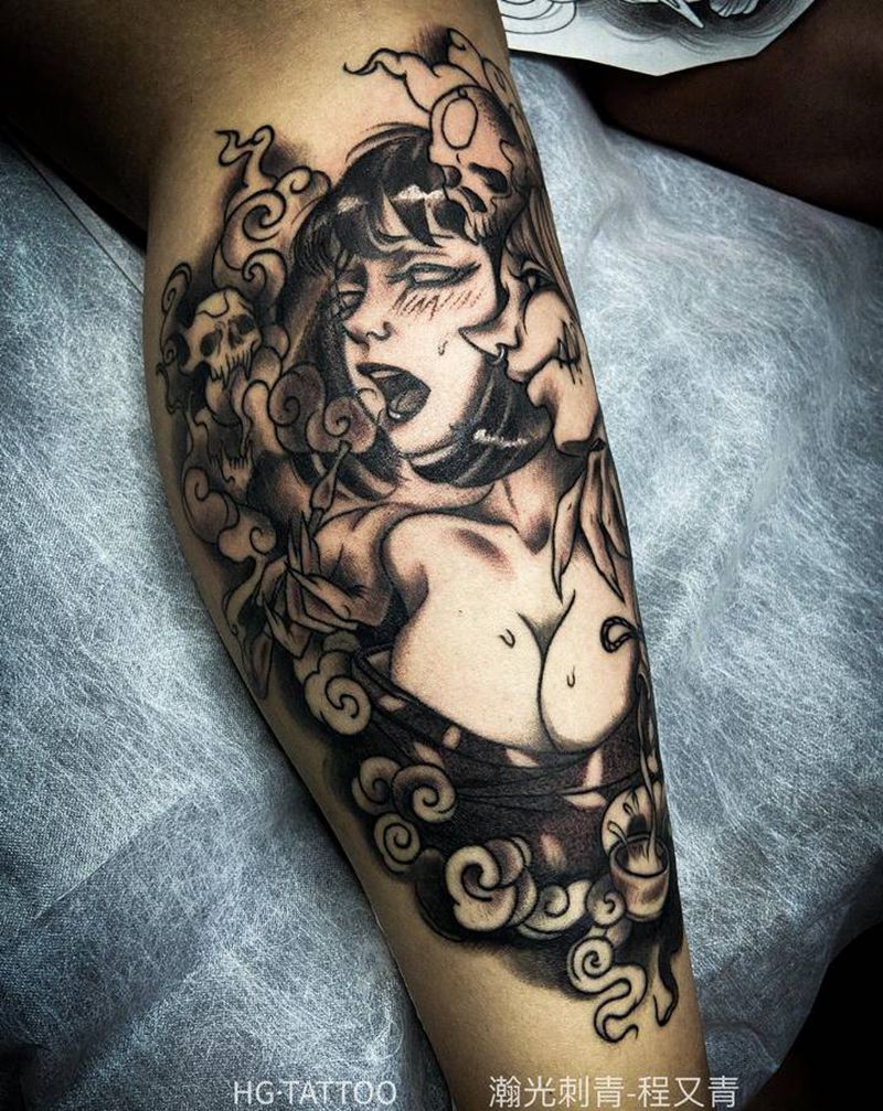 艺伎纹身图片_腿部新传统纹身图案