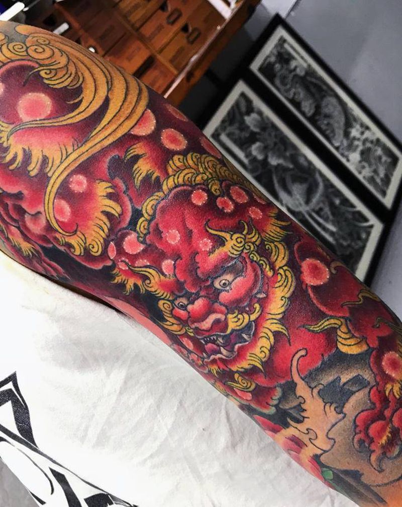 唐狮纹身图片_手臂新传统纹身图案