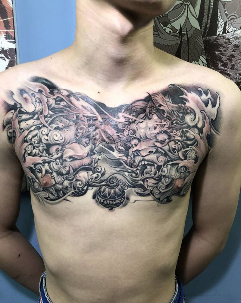 唐狮纹身图片_胸部新传统纹身图案