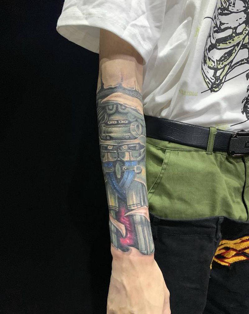 彩色机械纹身图片_手臂欧美写实机械纹身图案