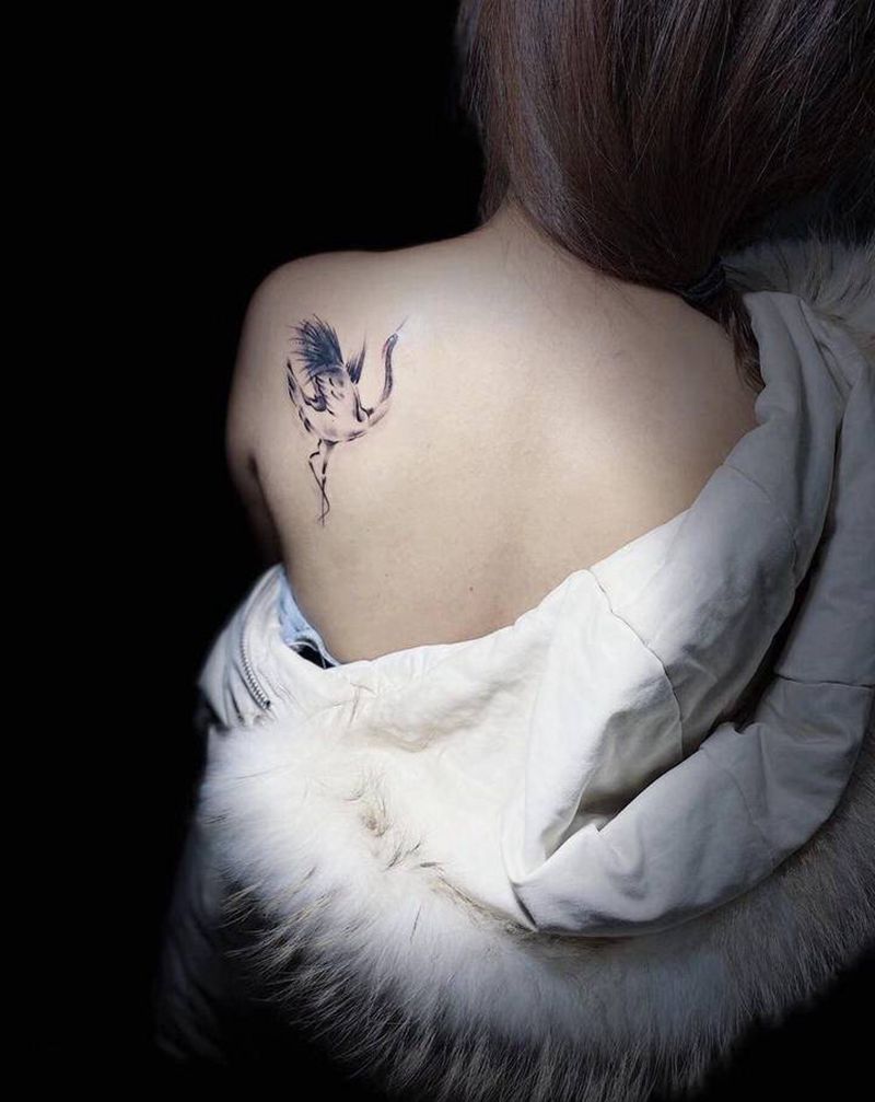 后背水墨仙鹤纹身纹身图片_背部水彩水墨鹤纹身图案