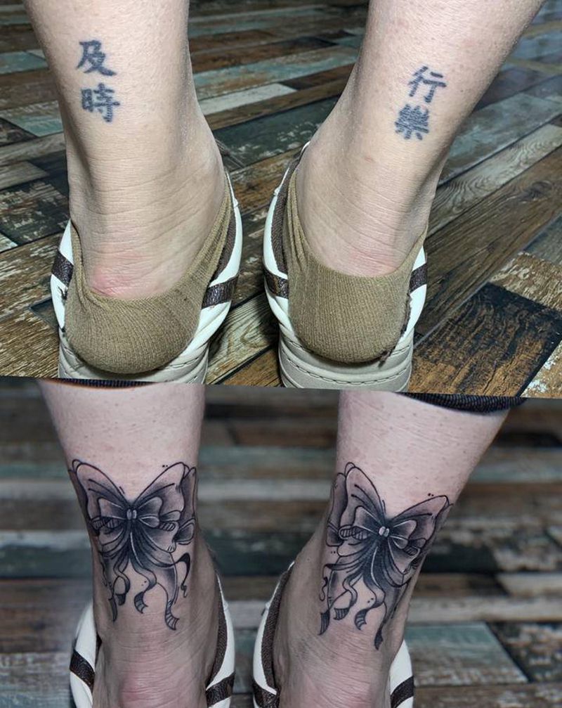 遮盖纹身 蝴蝶结纹身纹身图片_手臂腿部水彩水墨蝴蝶结遮盖纹身图案