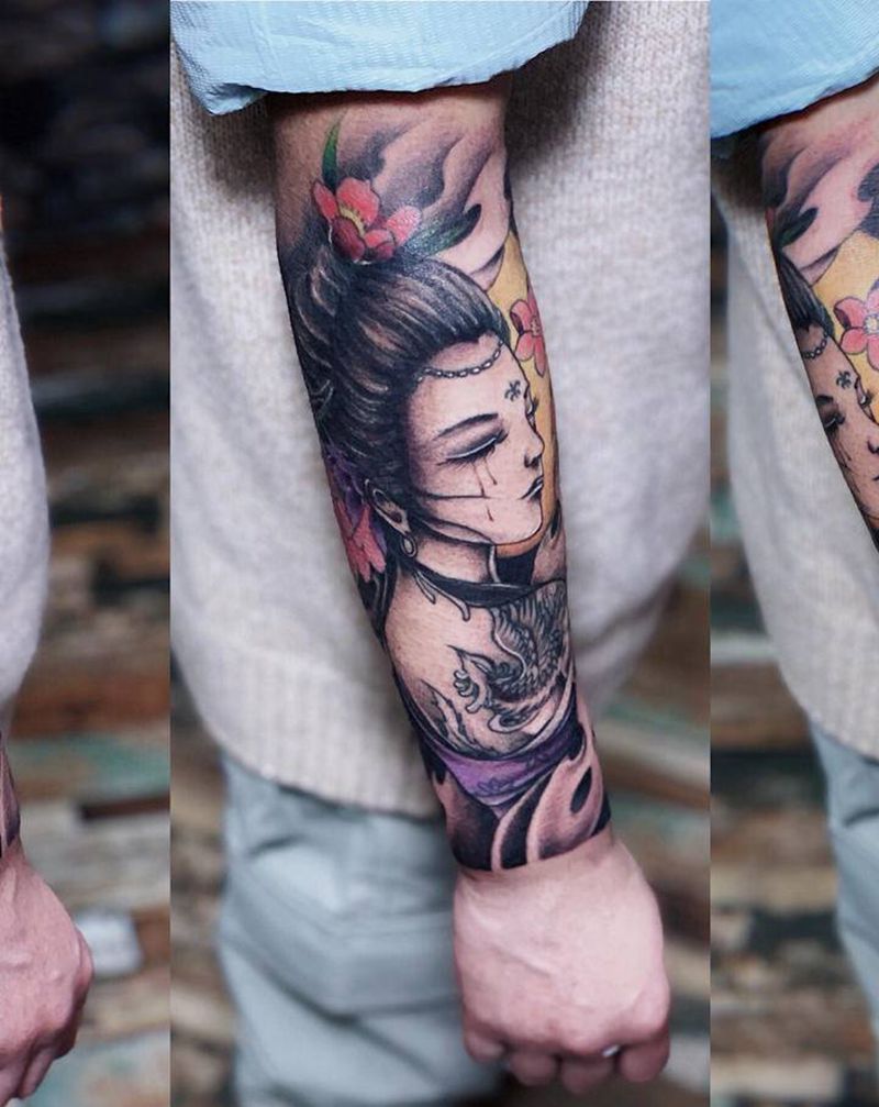 小臂艺妓 樱花纹身图片_手臂老传统新传统艺妓樱花纹身图案