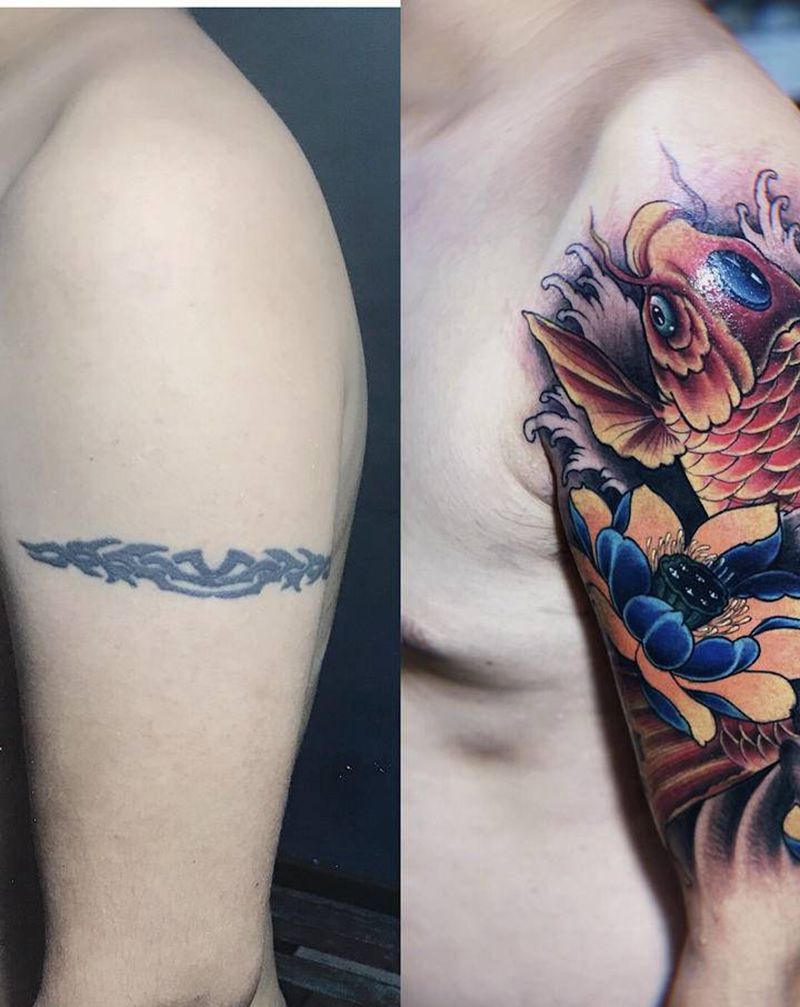 招财鱼遮盖纹身纹身图片_手臂老传统新传统招财鱼荷花遮盖纹身图案