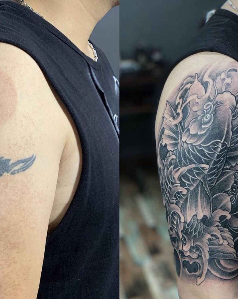 遮盖纹身 招财鱼纹身图片_手臂老传统新传统鱼荷花遮盖纹身图案