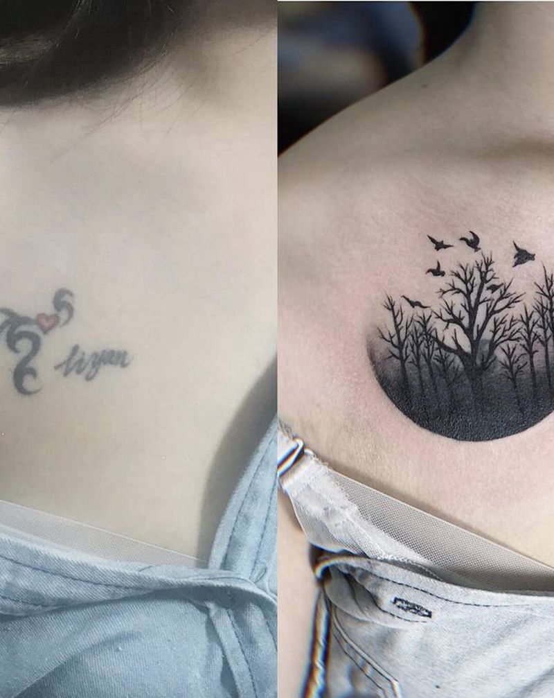 遮盖纹身 花草遮盖纹身图片_胸部几何水彩花草纹身图案