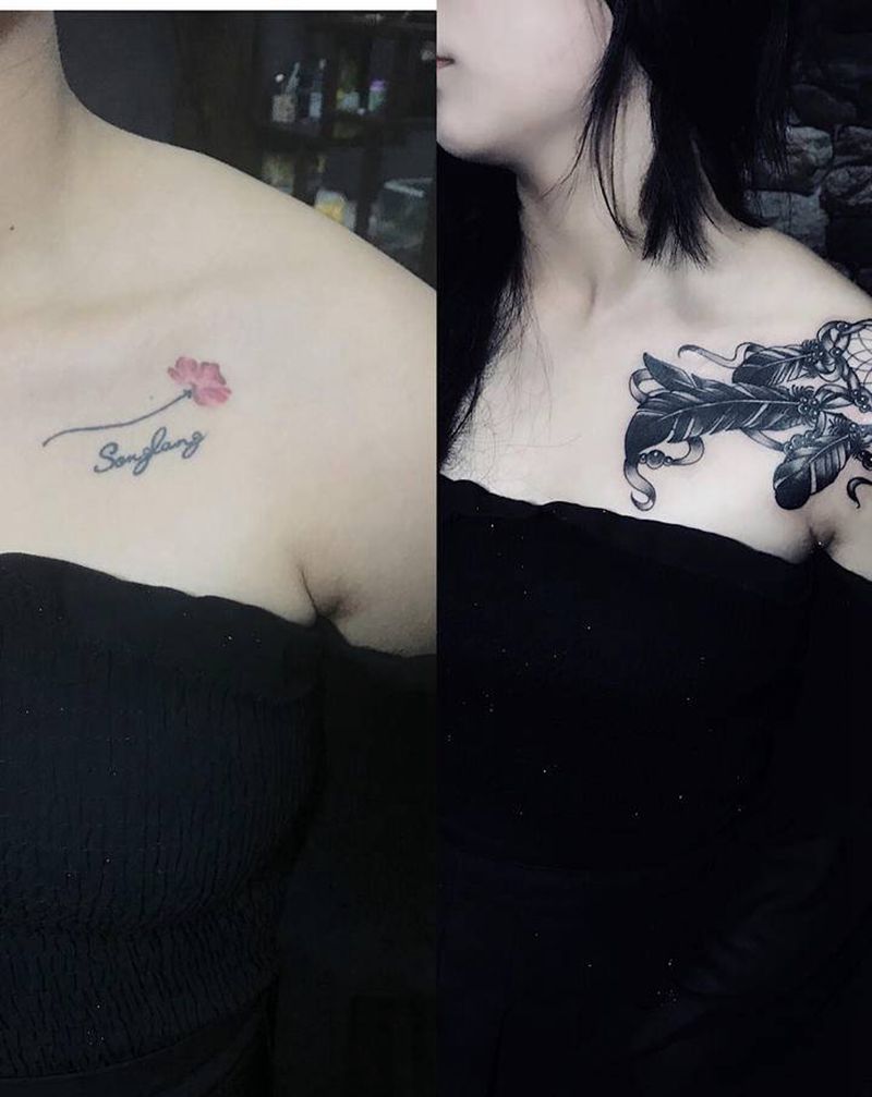 捕梦网 羽毛纹身 遮盖纹身图片_胸部水墨捕梦网羽毛遮盖纹身图案