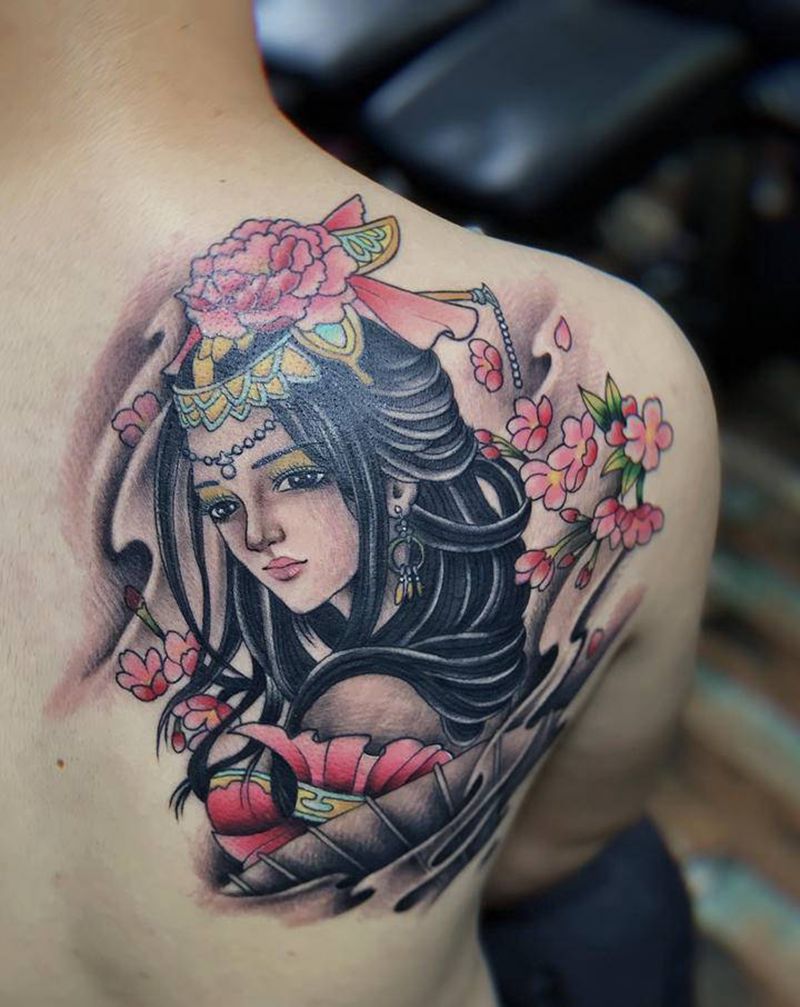 后背艺妓纹身纹身图片_背部老传统新传统艺妓樱花纹身图案