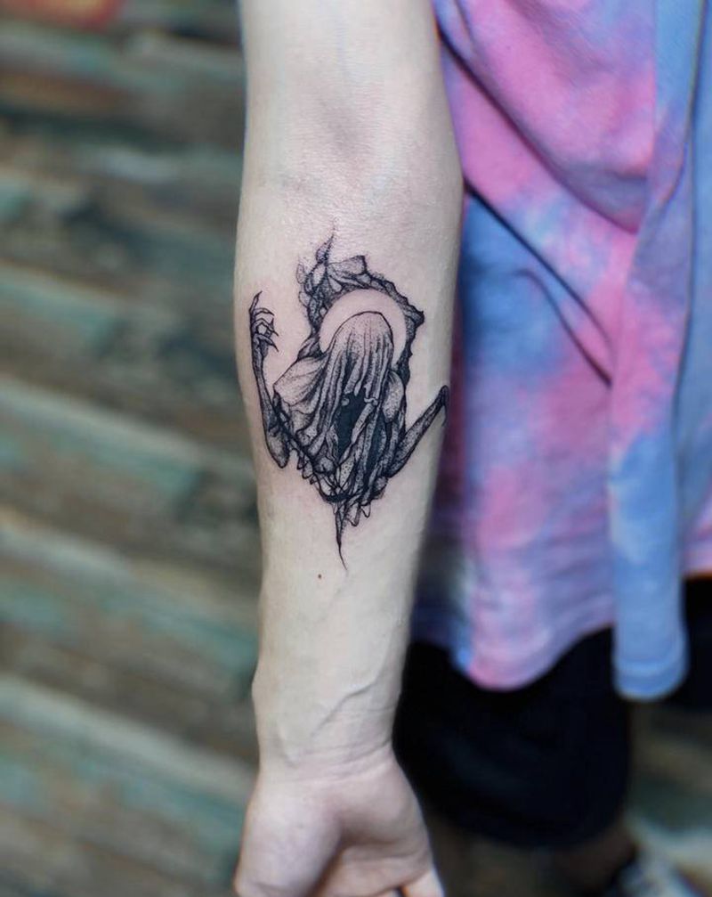 点刺恶魔纹身纹身图片_手臂几何恶魔纹身图案