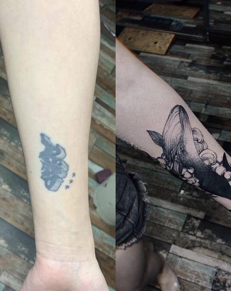 鲸鱼 遮盖纹身纹身图片_手臂水墨鲸鱼纹身图案