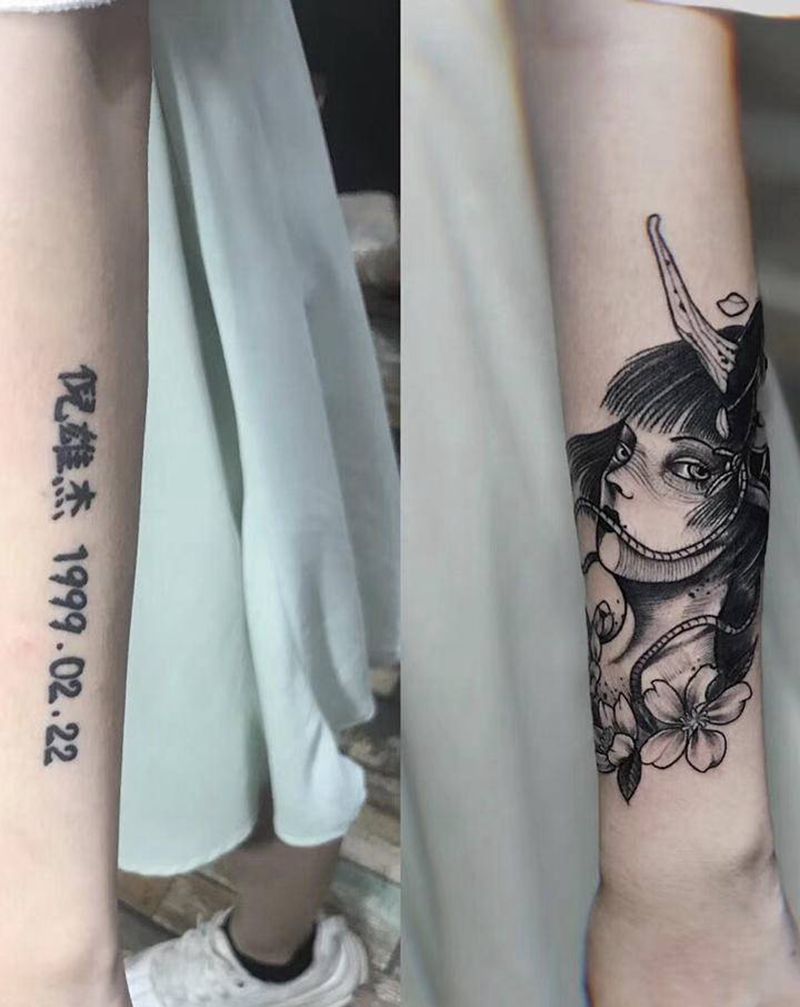 艺妓遮盖纹身般若纹身图片_手臂老传统新传统艺妓般若纹身图案