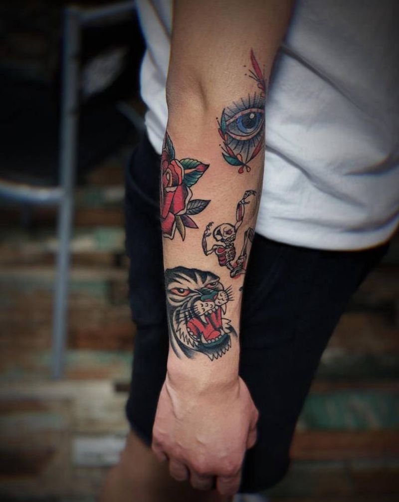 欧美拼接花臂纹身图片_手臂Old SchoolNew School般若老虎拼接花臂纹身图案