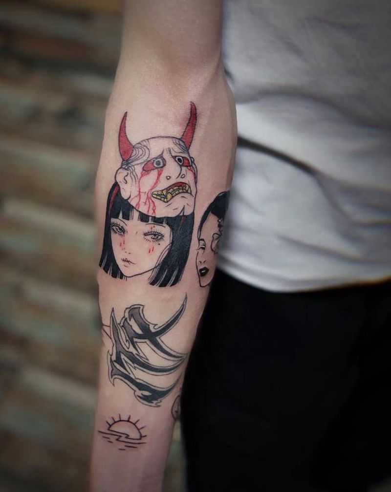 拼接花臂艺妓纹身图片_手臂Old SchoolNew School拼接花臂艺妓猫纹身图案