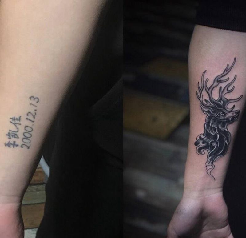 小臂鹿遮盖纹身图片_手臂腿部New SchoolOld School鹿遮盖纹身图案