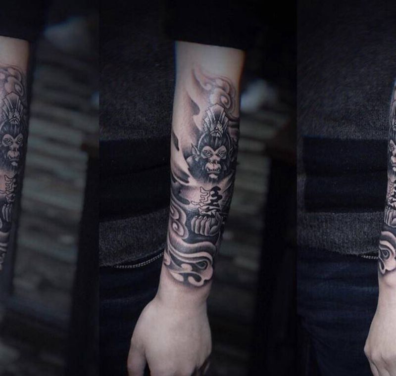 小臂孙悟空 至尊宝纹身图片_手臂腿部老传统新传统孙悟空齐天大圣至尊宝纹身图案