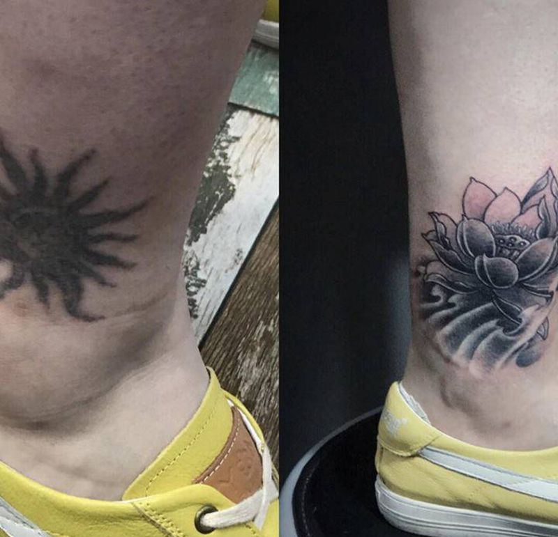 荷花遮盖纹身图片_腿部老传统新传统荷花遮盖纹身图案