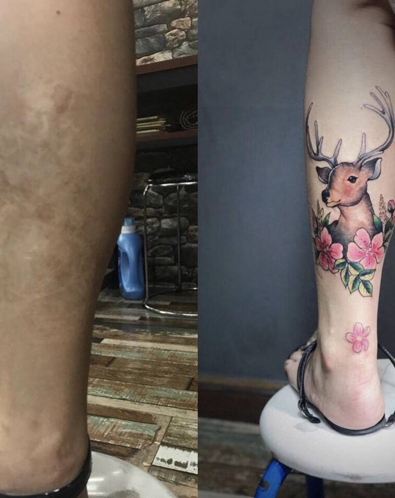 遮盖鹿樱花纹身图片_腿部Old SchoolNew School鹿樱花纹身图案