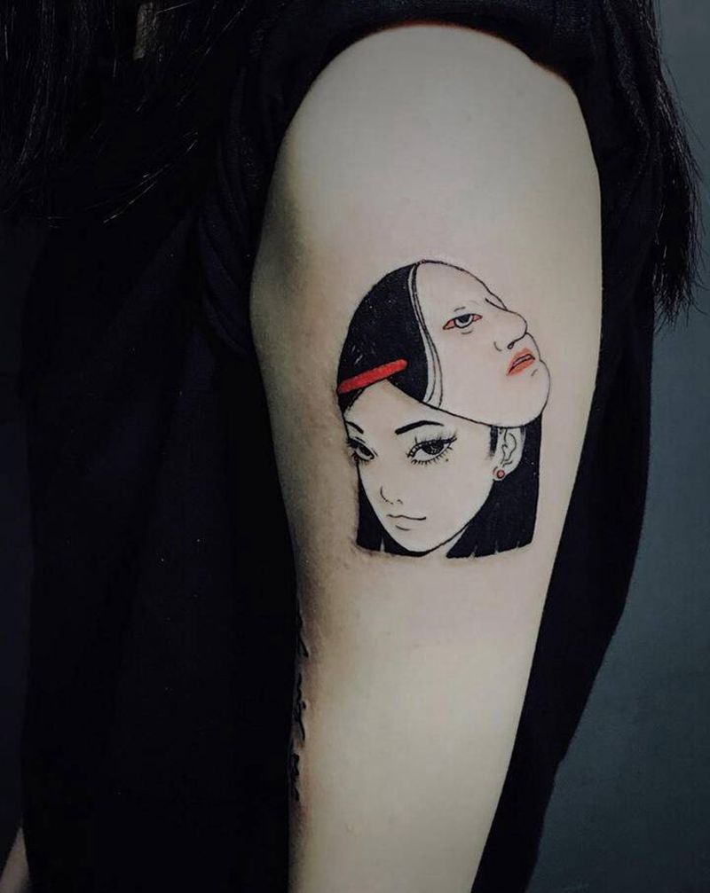 艺妓 能面纹身图片_手臂New SchoolOld School艺妓能面纹身图案