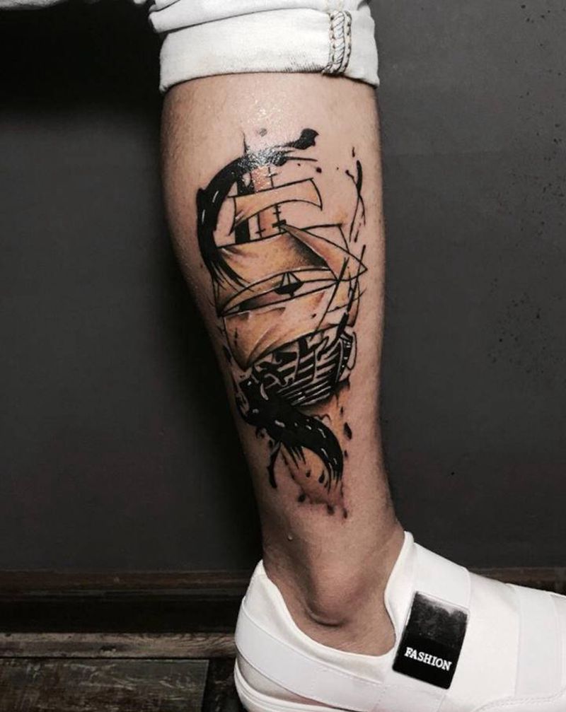 帆船纹身图片_手臂欧美写实帆船纹身图案