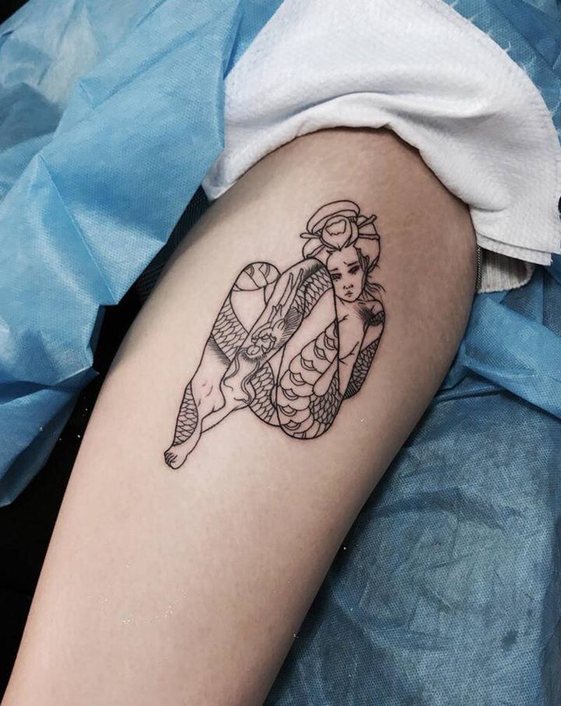 艺妓线条纹身图片_腿部New SchoolOld School艺妓纹身图案