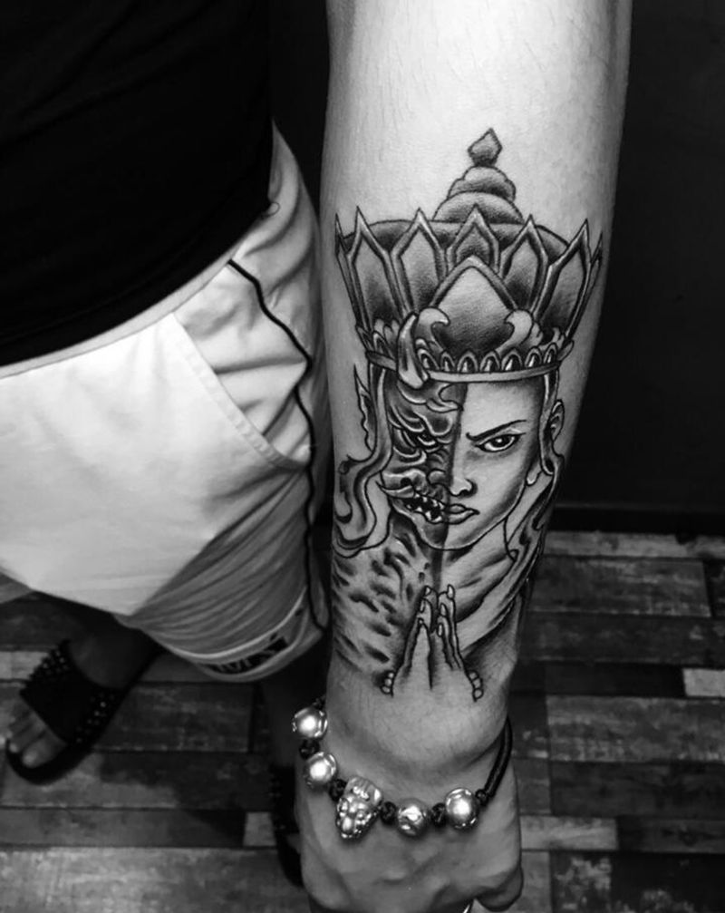 佛魔一念之间纹身图片_手臂老传统新传统佛魔一念之间纹身图案