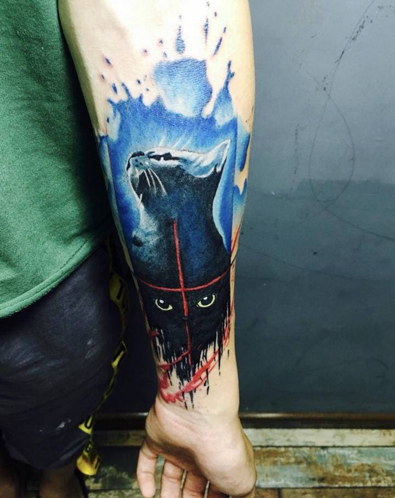 猫水墨纹身图片_手臂水彩水墨猫纹身图案