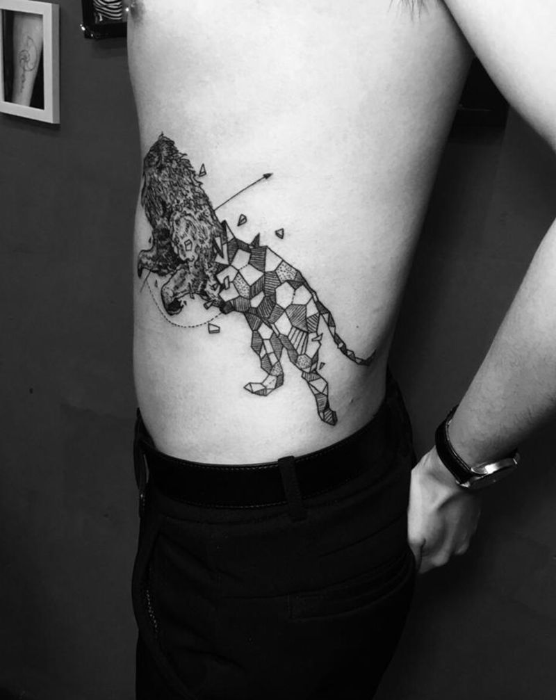 几何狮子纹身图片_腹部几何几何狮子纹身图案