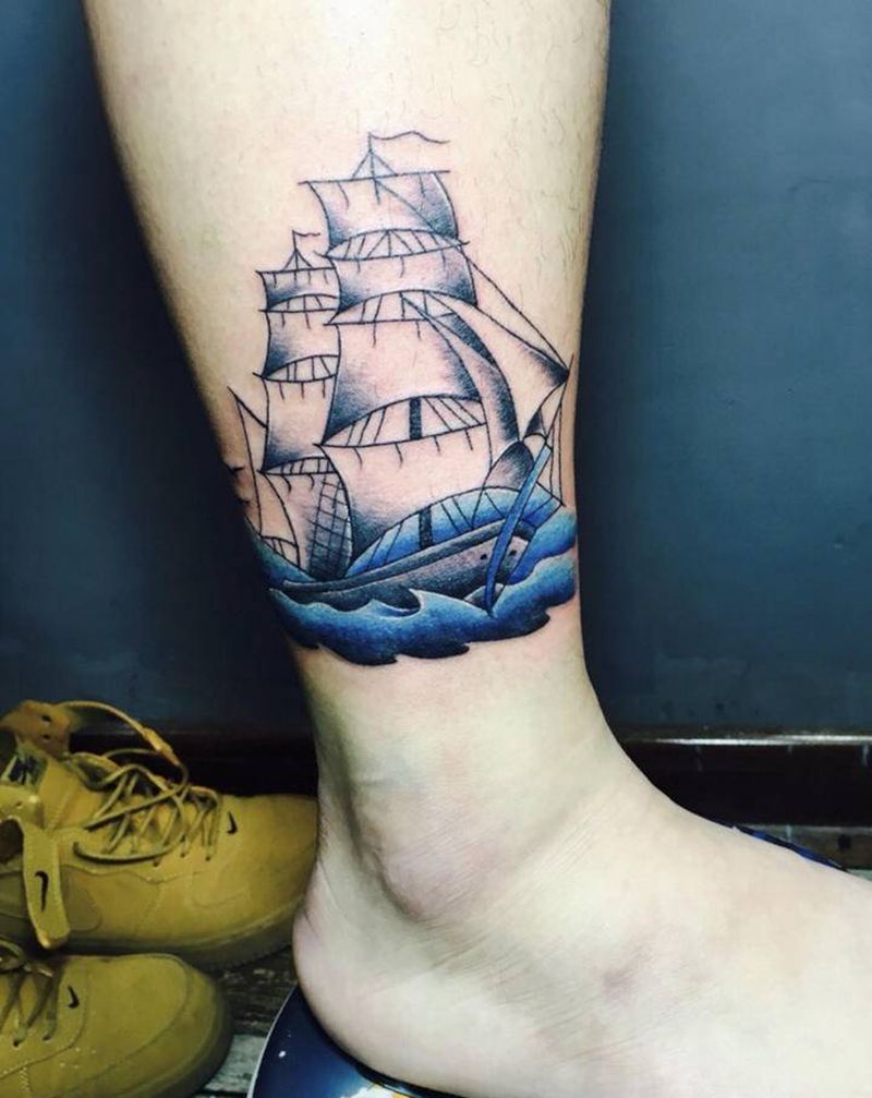 帆船纹身图片_腿部New SchoolOld School帆船纹身图案