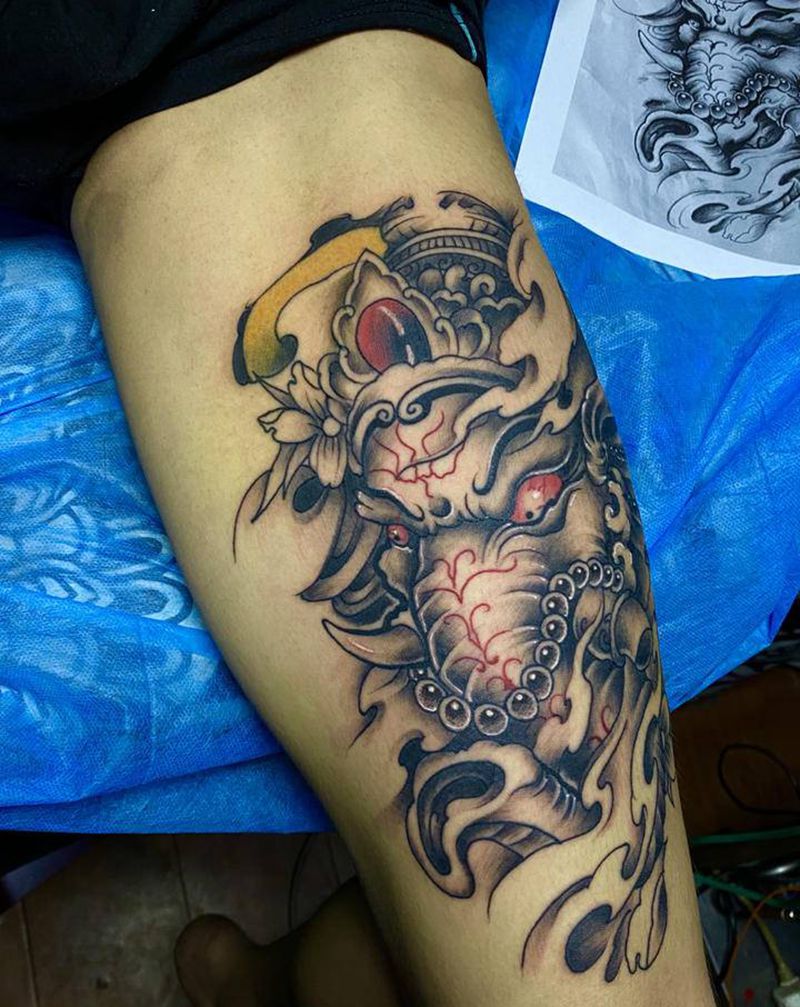 象神纹身图片_腿部新传统象神纹身图案