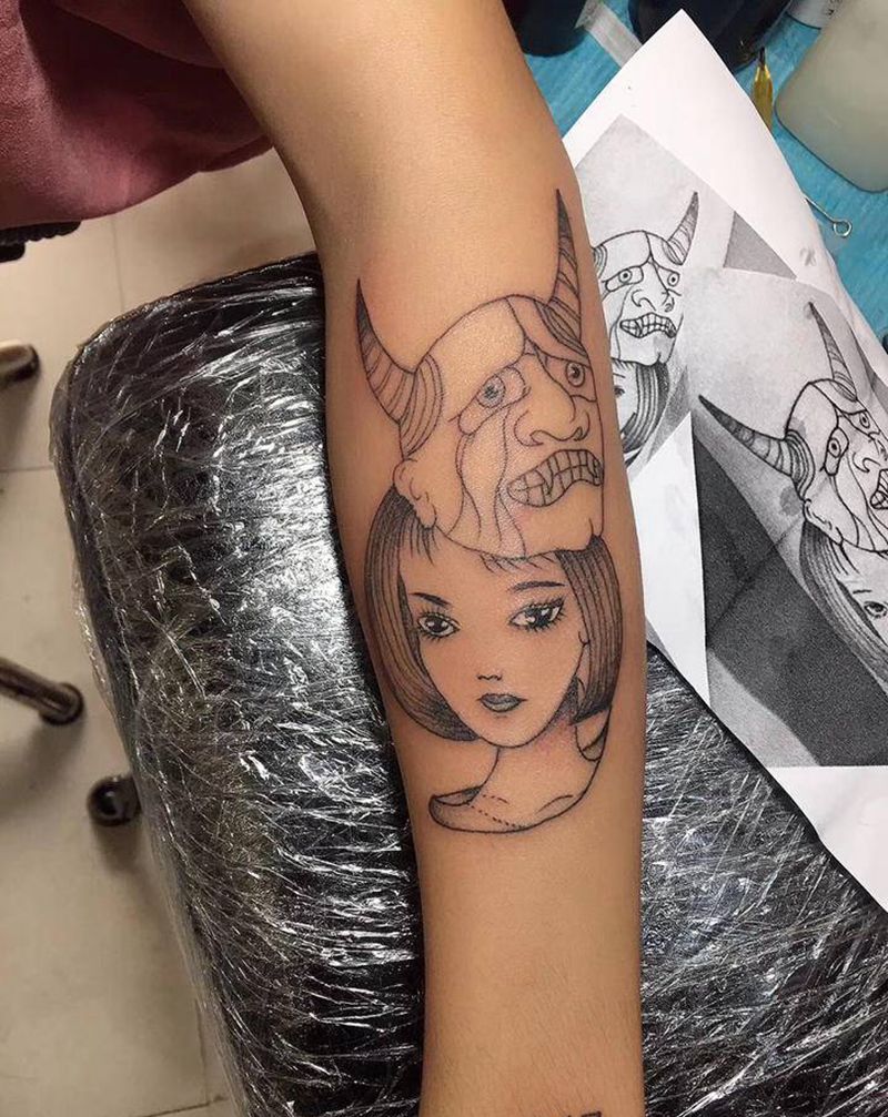 艺妓般若线条纹身图片_手臂新传统艺妓般若纹身图案