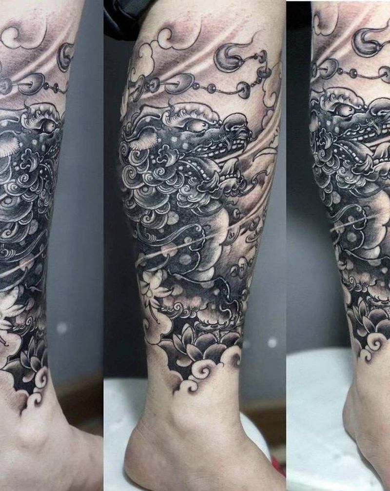 小腿唐狮纹身图片_腿部新传统唐狮子纹身图案