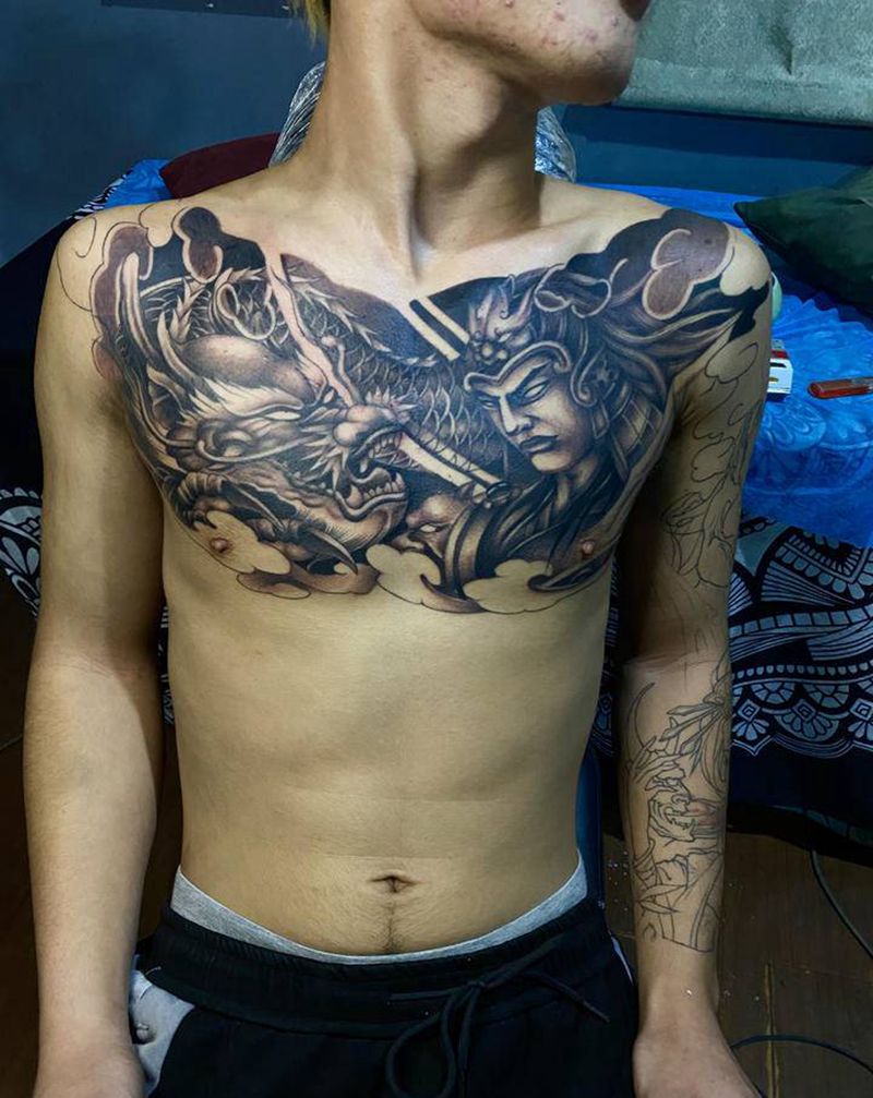 花胸 赵云 龙纹身图片_胸部新传统赵云花胸龙纹身图案