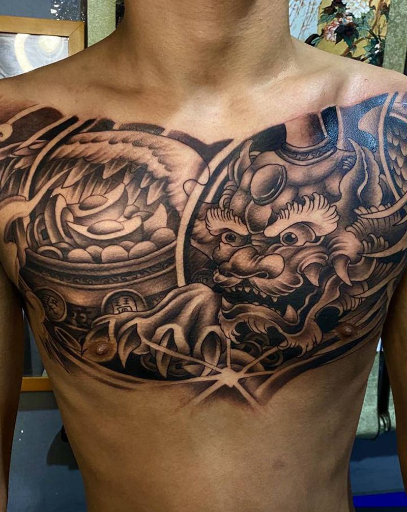 招财花胸 貔貅 聚宝盆纹身图片_胸部新传统花胸貔貅聚宝盆纹身图案