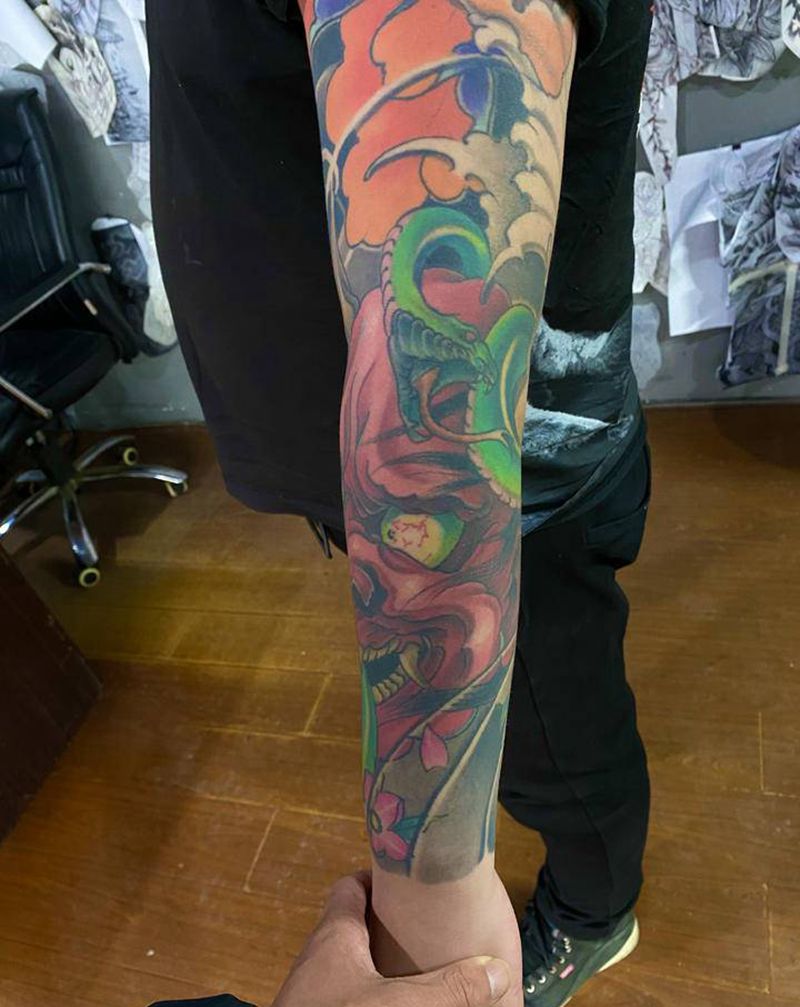 花臂 般若 牡丹 蛇纹身图片_手臂新传统老传统花臂般若牡丹纹身图案