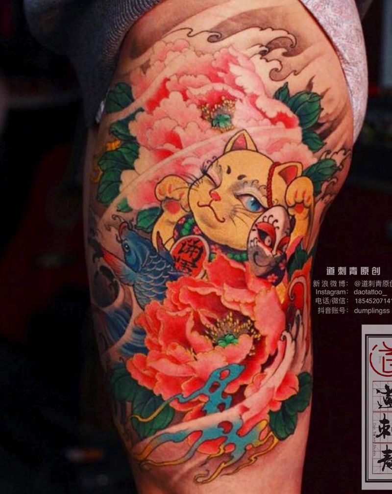 招财猫纹身图片_手臂腿部新传统招财猫牡丹纹身图案