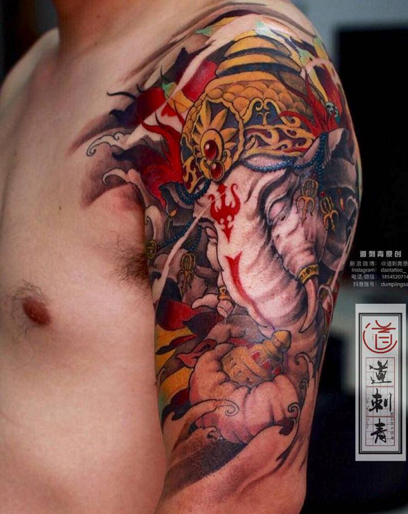 象神纹身图片_腿部手臂新传统象神纹身图案