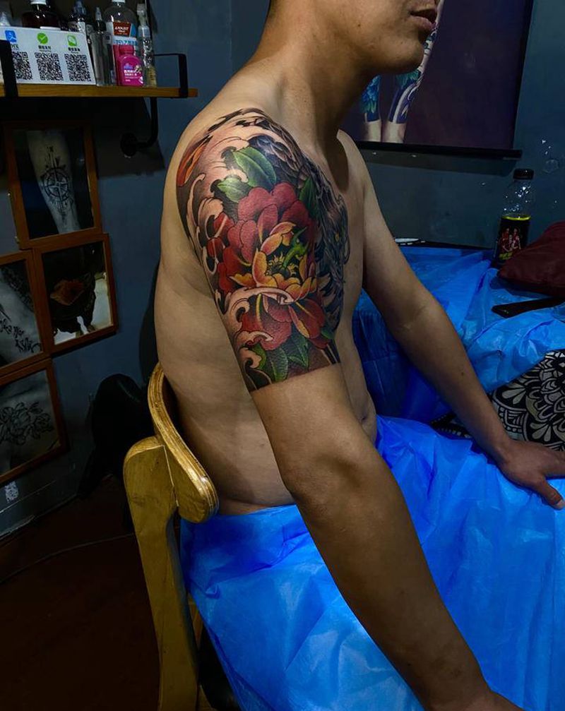 过肩龙老纹身修改纹身图片_手臂肩部老传统新传统半甲老修改纹身图案