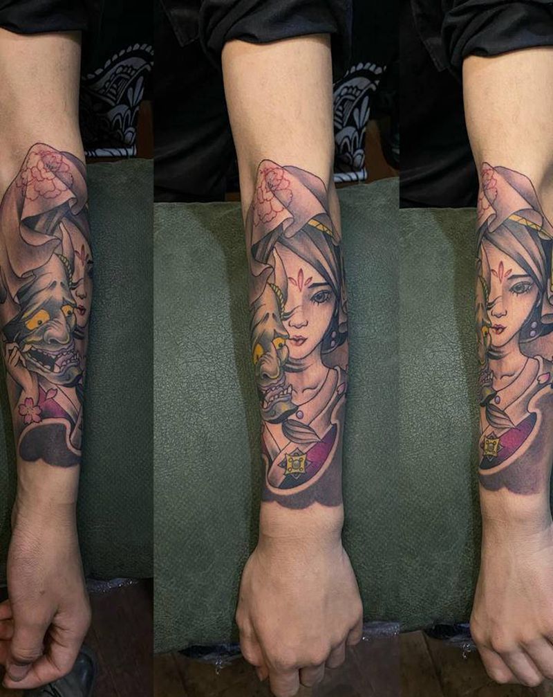 包小臂 艺妓 般若纹身图片_手臂老传统新传统般若艺妓纹身图案