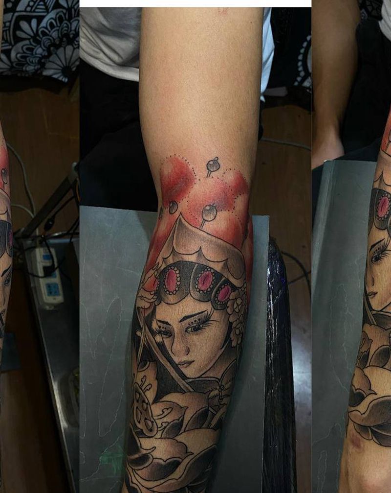 花旦 包小臂 戏子纹身图片_手臂新传统老传统花旦 包小臂戏子纹身图案