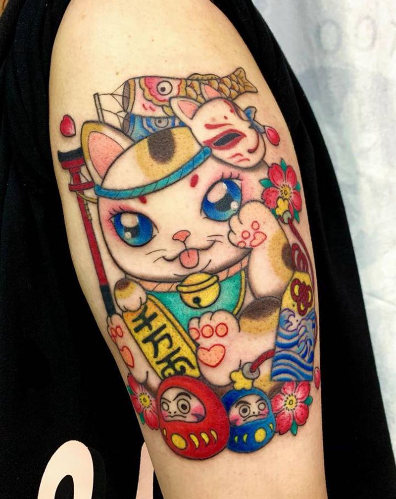 招财猫纹身图片_手臂新传统纹身图案