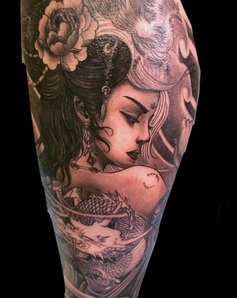 艺妓纹身图片_腿部新传统纹身图案