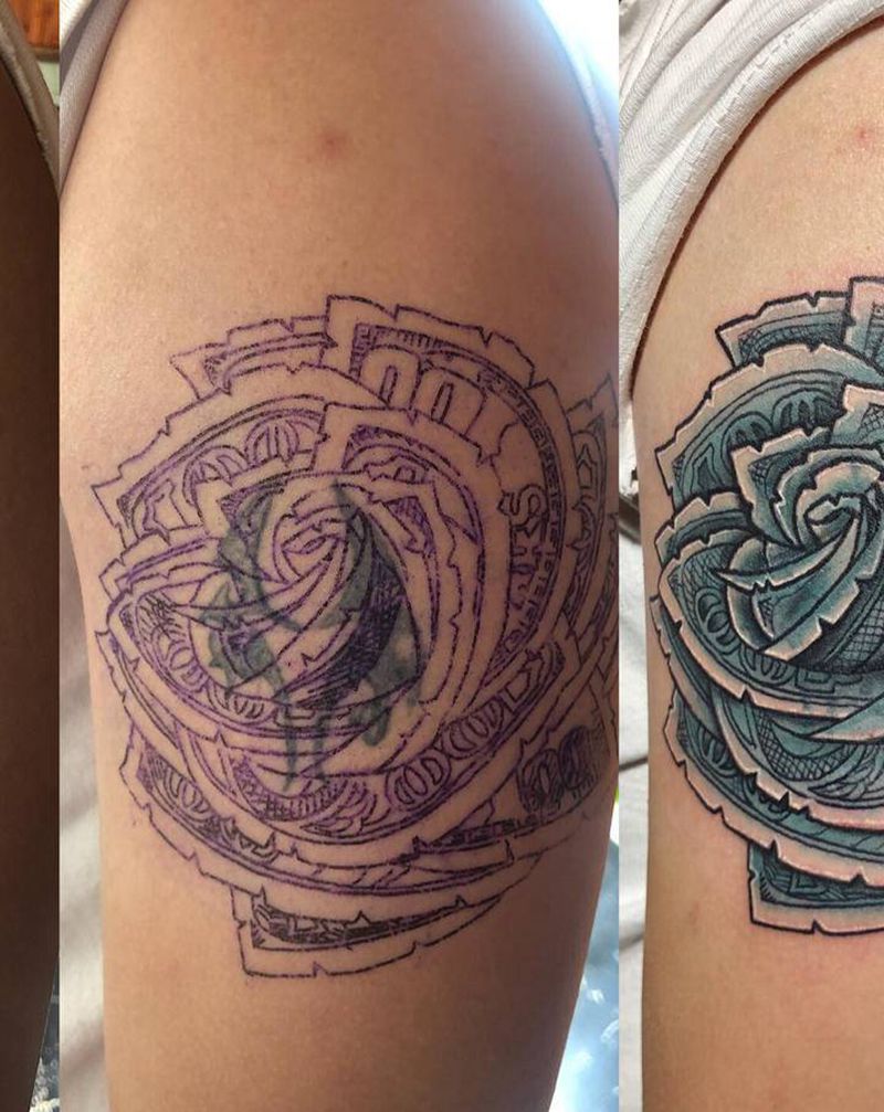 百元大钞玫瑰花遮盖旧纹身纹身图片_背部手臂纹身图案