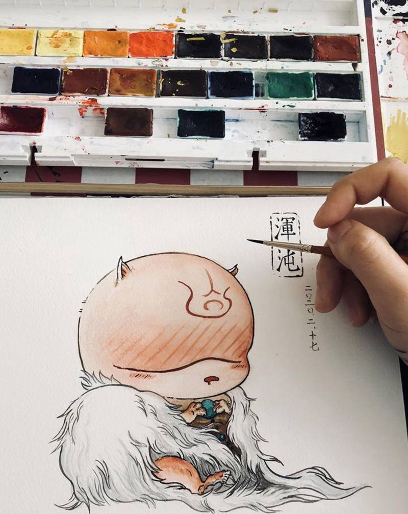 混沌纹身图片_肩部水彩纹身图案