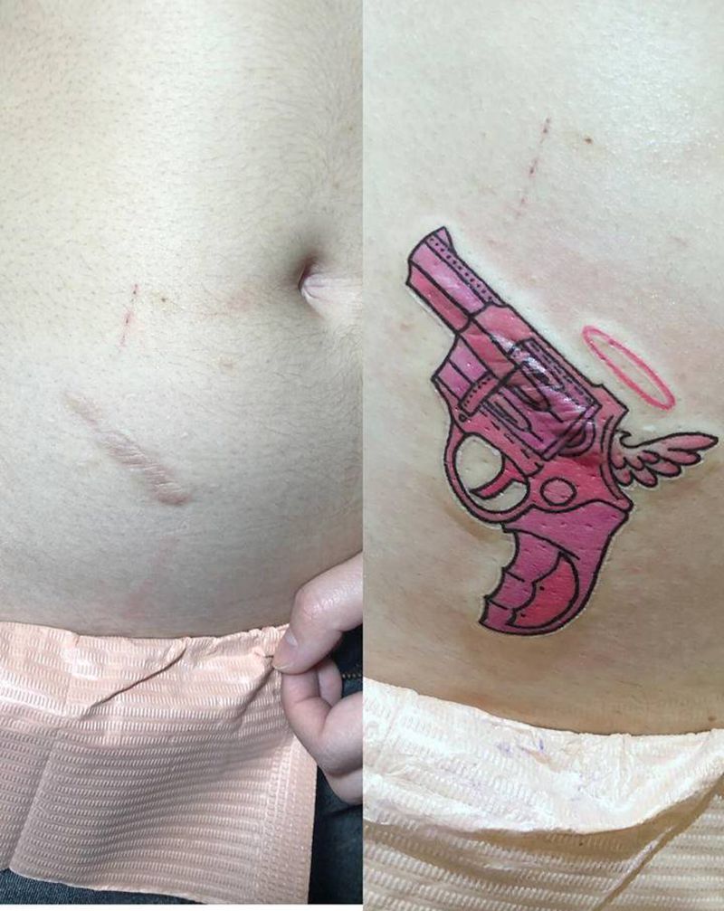 遮盖疤痕纹身，小手枪纹身图片_腹部手臂New School纹身图案